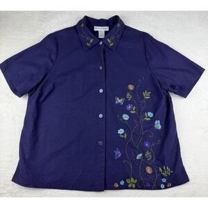 Dressbarn Women Purple Short Sleeve Button Up Embroidered Flower Size 14w